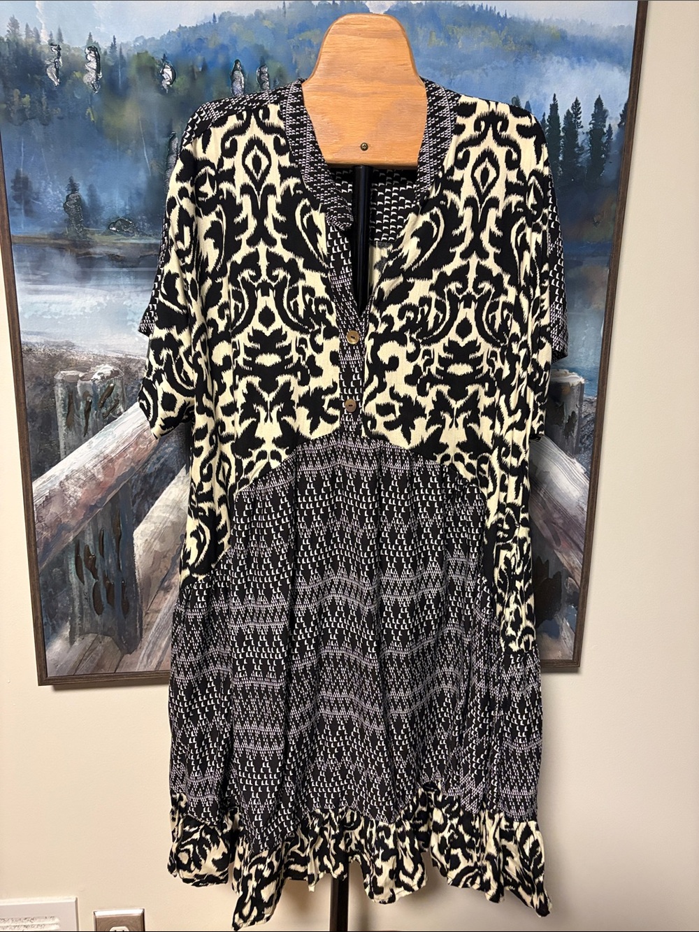 Black and Cream Mixed-Print Midi Dress with V-Neck